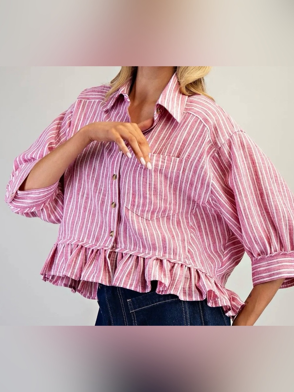 Eesome Striped Ruffle Hem Button-Front Top - red / pink S M L New